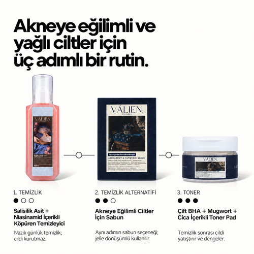 VÀLIEN Akne Tam Rutini Seti — üç adımlı bakım rutini