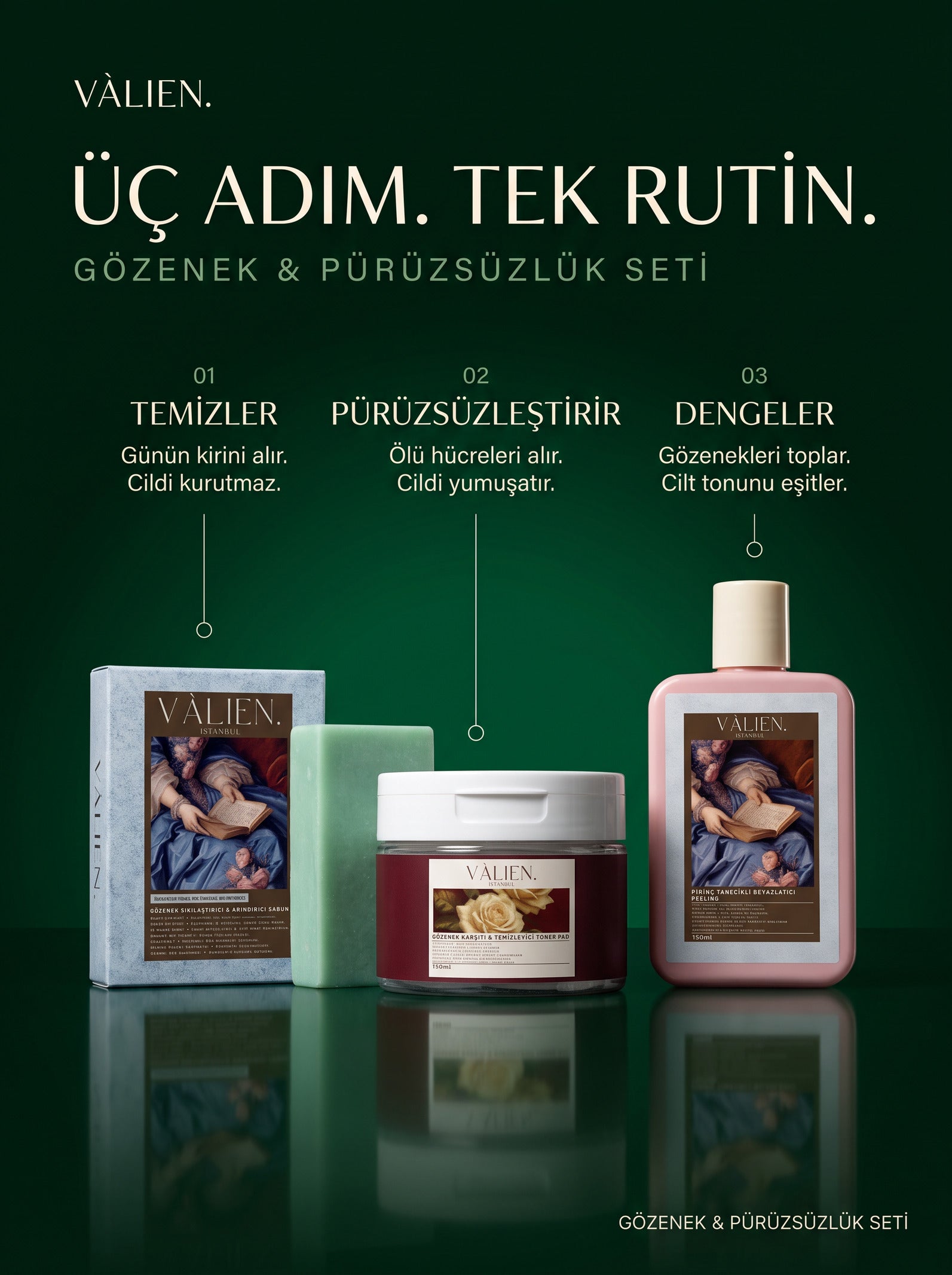 VÀLIEN Gözenek & Pürüzsüzlük Seti - üç adımlı rutin: temizler, pürüzsüzleştirir, dengeler