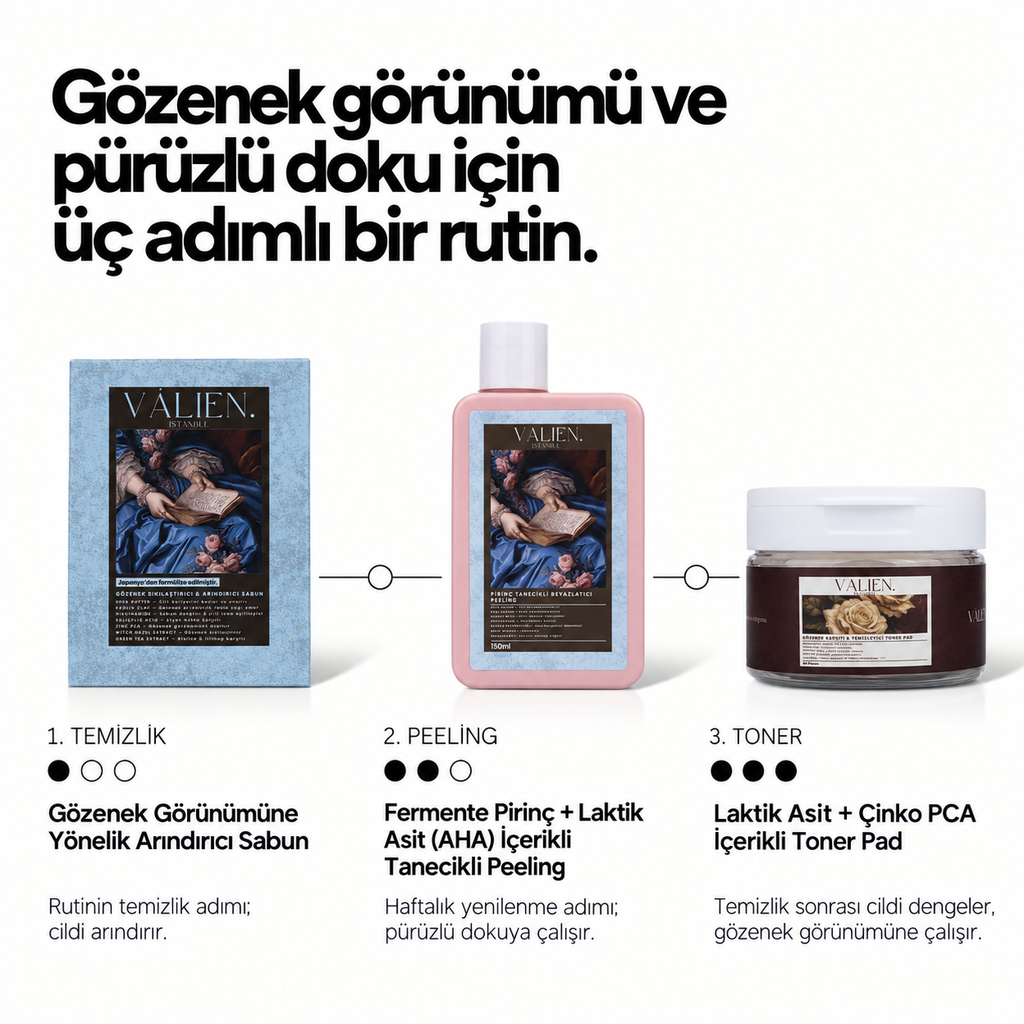 Valien Gözenek & Pürüzsüzlük Seti — üç adımlı bakım rutini