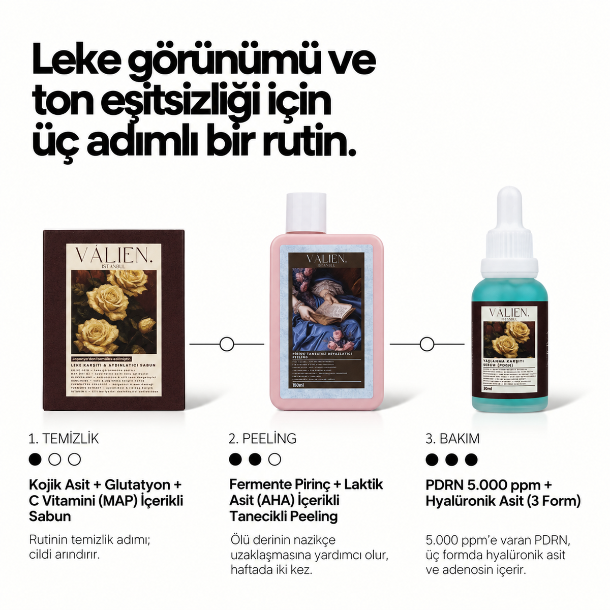 Valien Leke & Aydınlatma Seti — üç adımlı bakım rutini