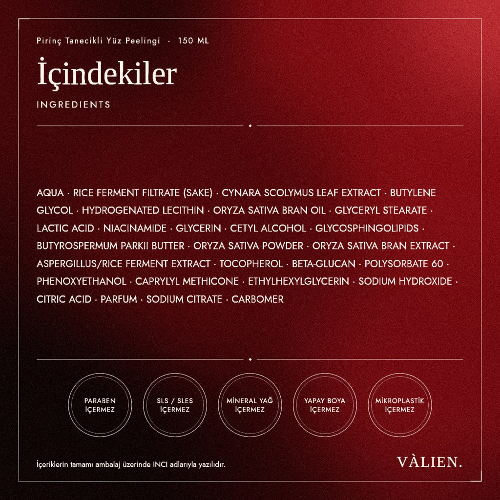 Valien Pirinç Tanecikli Yüz Peelingi (150 ml) — içindekiler (INCI) listesi