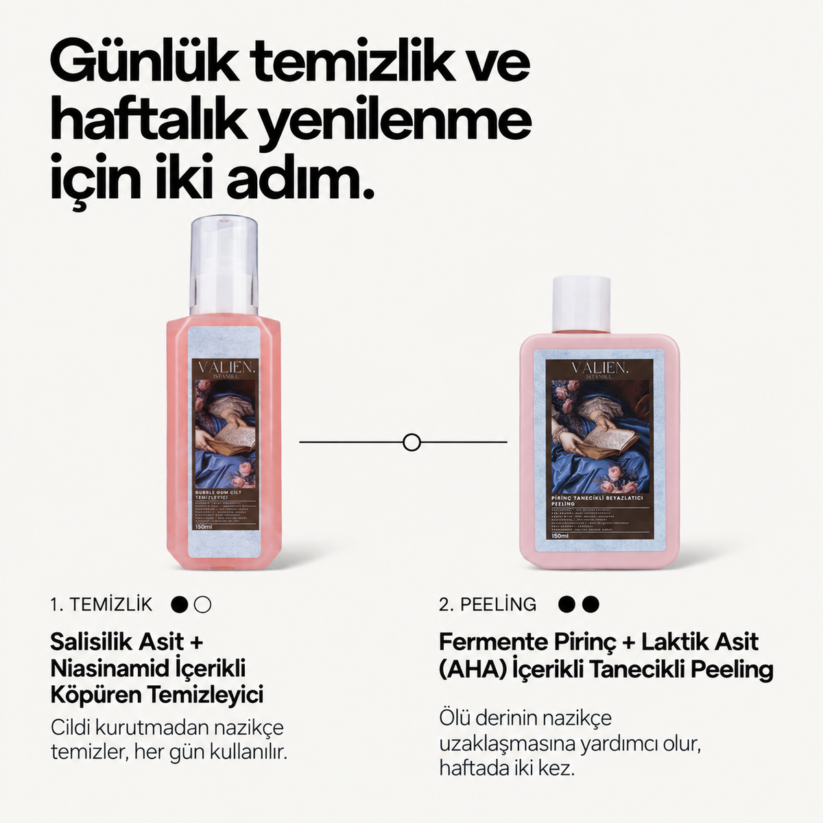 Valien Temizlik İkilisi — jel ve peeling, iki adımlı rutin
