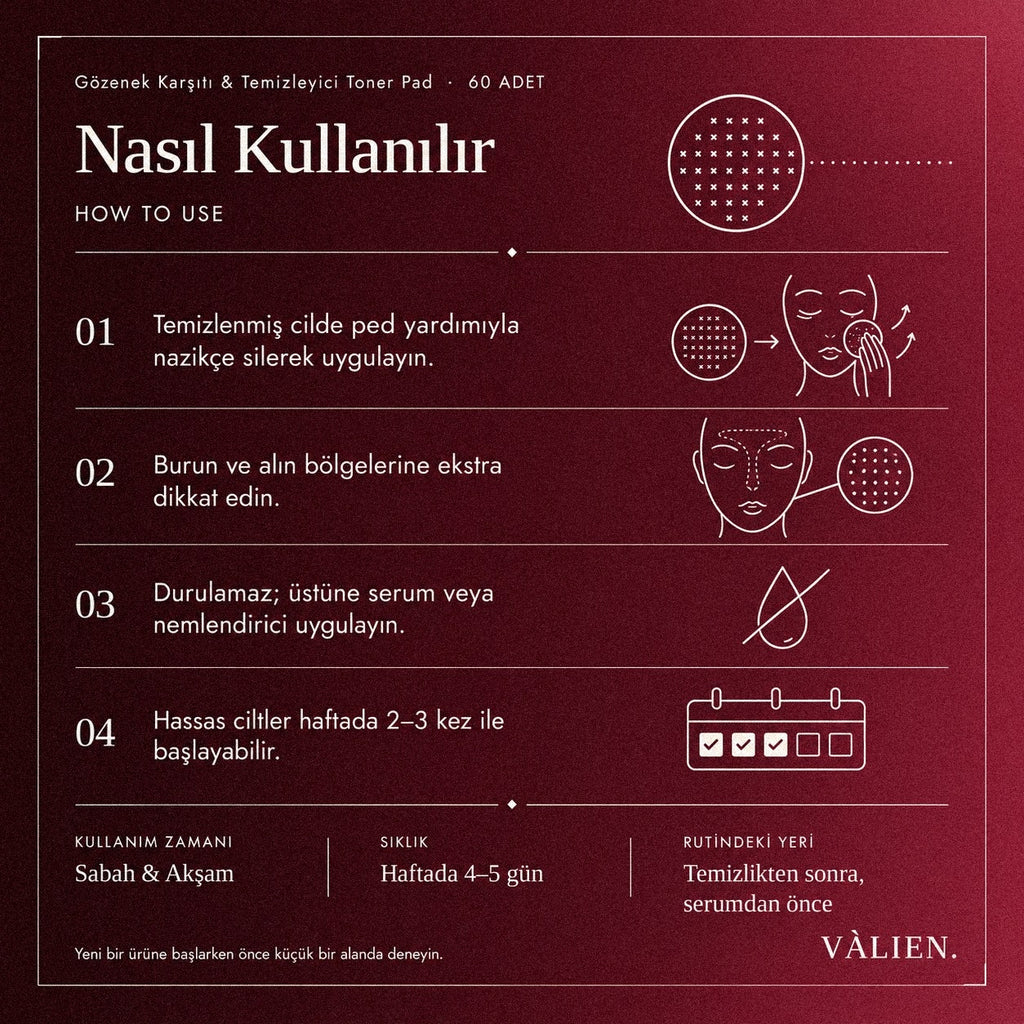 Valien Gözenek Karşıtı & Temizleyici Toner Pad (60 Adet) — dört adımlı kullanım talimatı