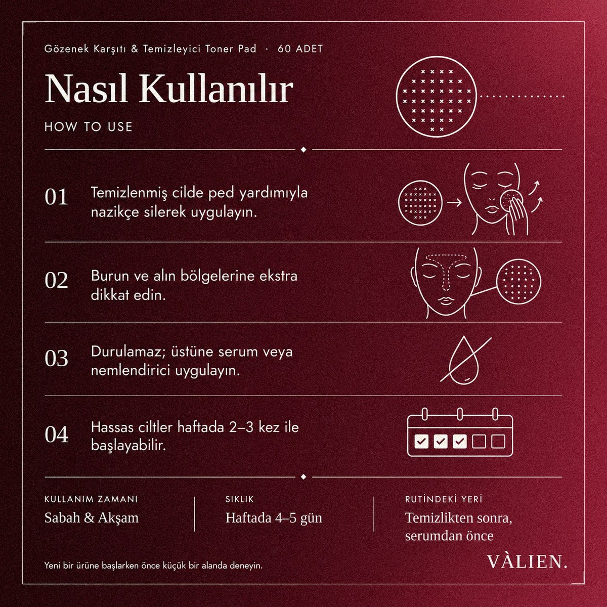 Valien Gözenek Karşıtı & Temizleyici Toner Pad (60 Adet) — dört adımlı kullanım talimatı