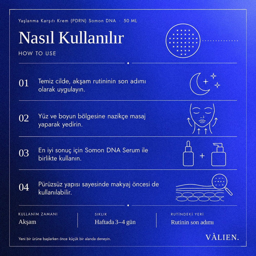 Valien Yaşlanma Karşıtı Krem PDRN (50 ml) — dört adımlı kullanım talimatı