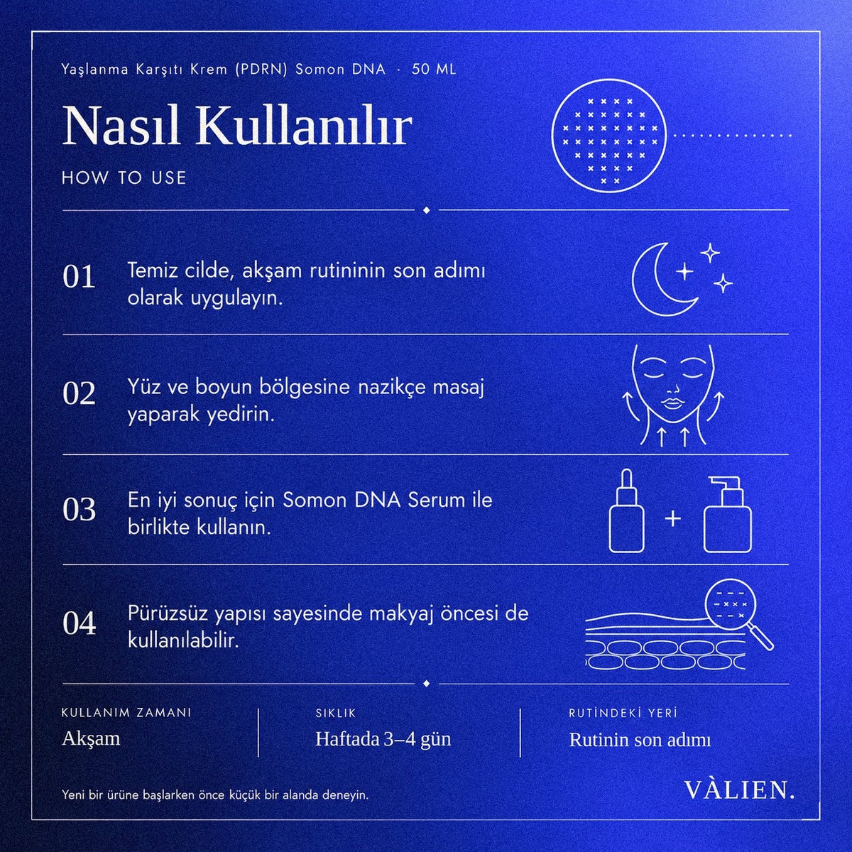 Valien Yaşlanma Karşıtı Krem PDRN (50 ml) — dört adımlı kullanım talimatı