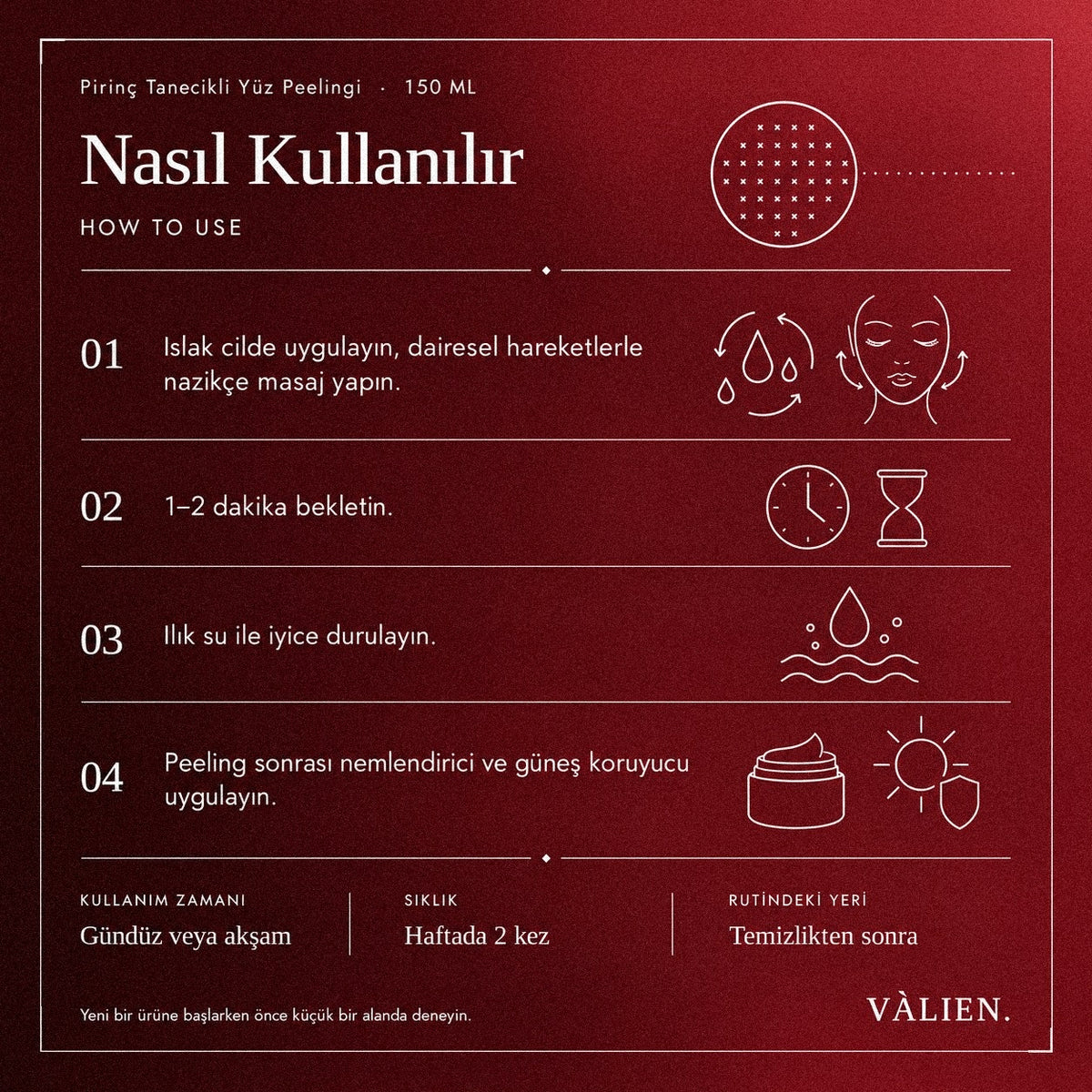 Valien Pirinç Tanecikli Yüz Peelingi (150 ml) — dört adımlı kullanım talimatı