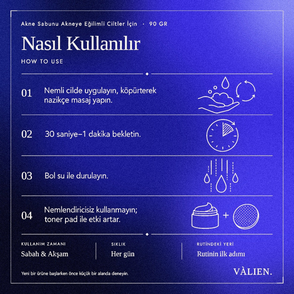 Valien Akne Sabunu (90 gr) — dört adımlı kullanım talimatı