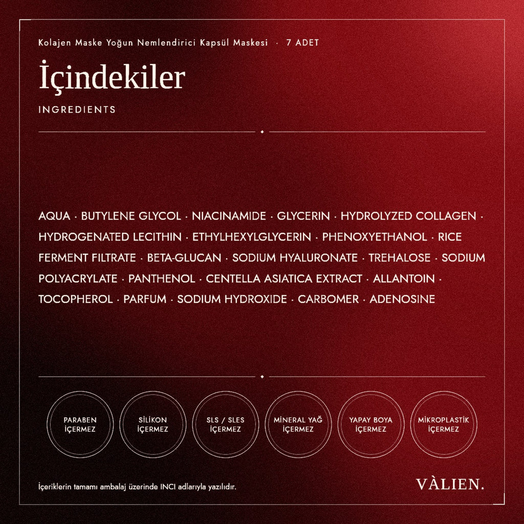 Kolajen Maske içindekiler INCI listesi