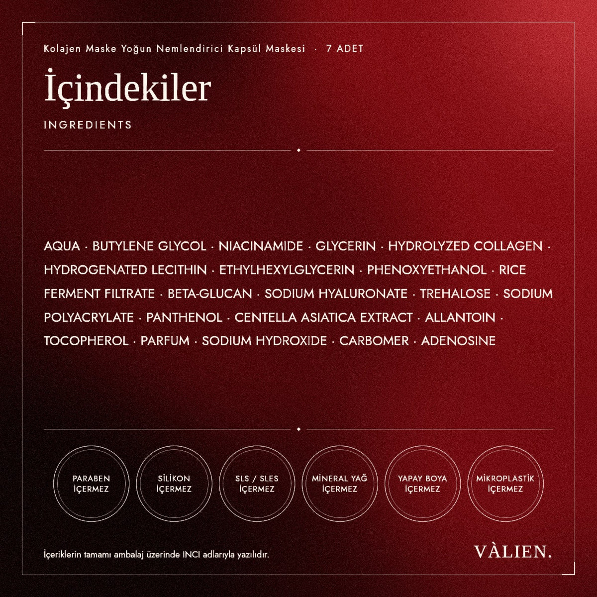 Kolajen Maske içindekiler INCI listesi