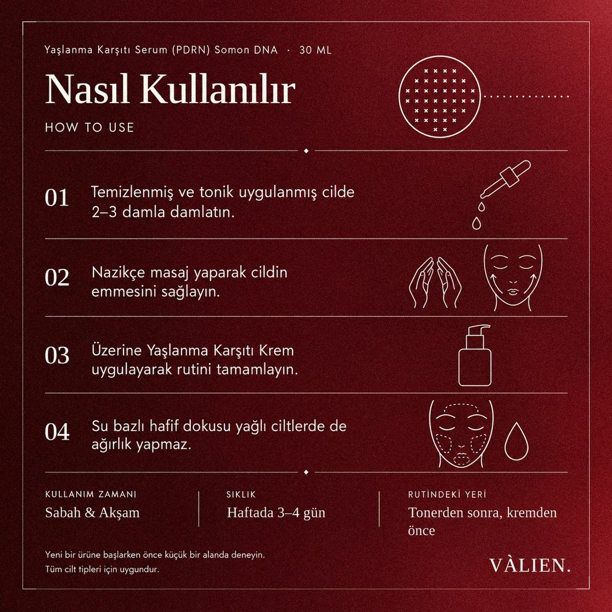Valien Yaşlanma Karşıtı Serum PDRN (30 ml) — dört adımlı kullanım talimatı