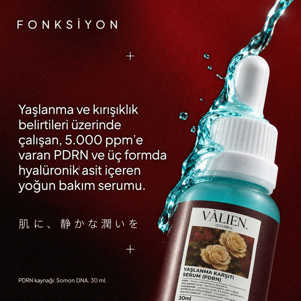 Valien Yaşlanma Karşıtı Serum PDRN (30 ml) — ürün yakın çekimi ve bileşen özeti