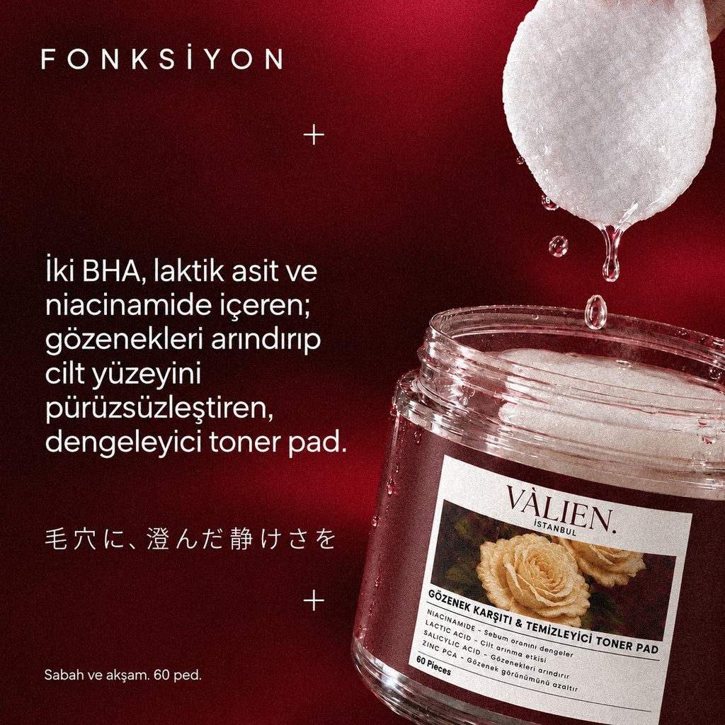 Valien Gözenek Karşıtı & Temizleyici Toner Pad (60 Adet) — ürün yakın çekimi ve bileşen özeti