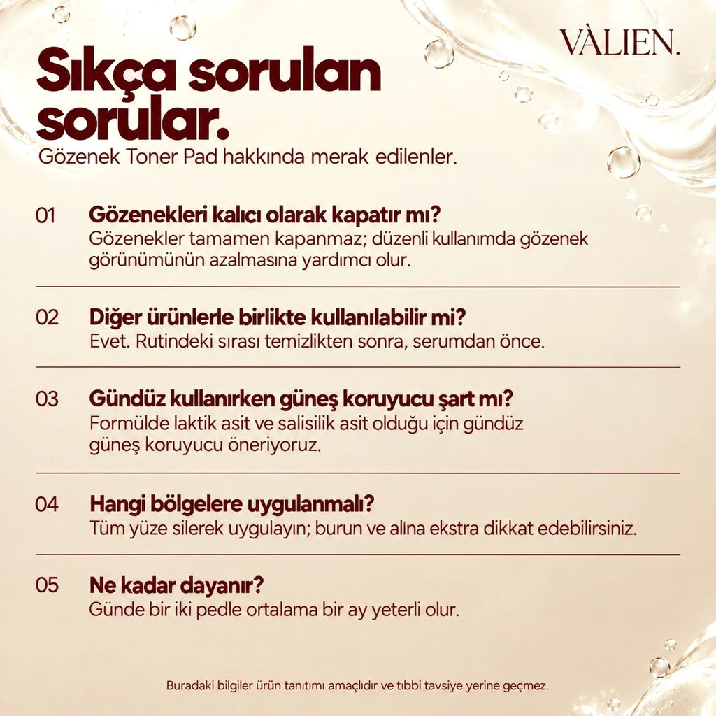 Valien Gözenek Karşıtı & Temizleyici Toner Pad (60 Adet) — sıkça sorulan sorular