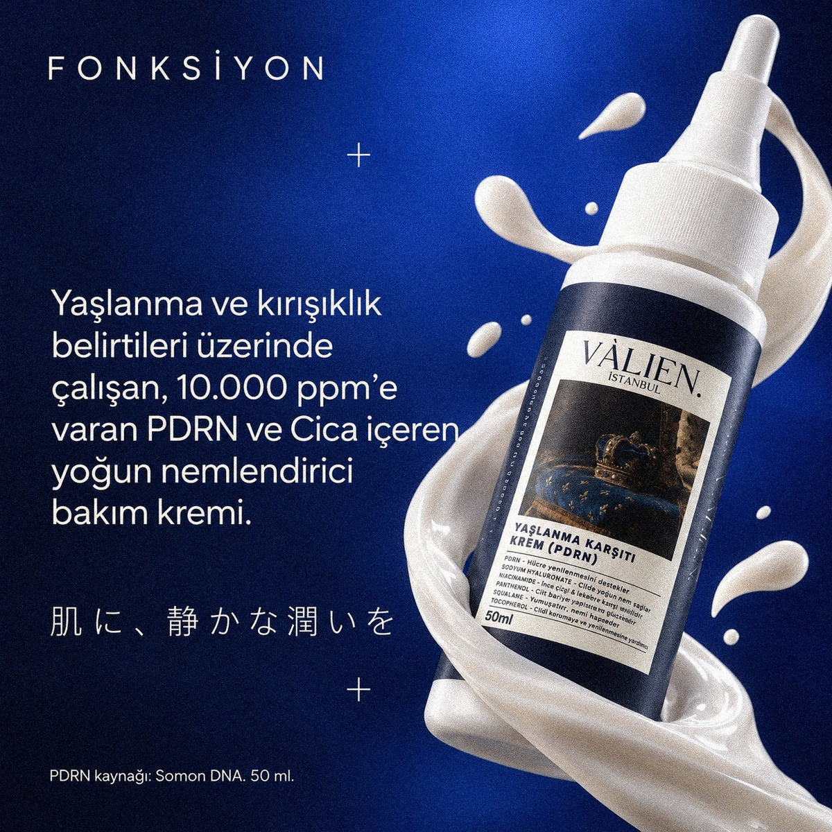 Valien Yaşlanma Karşıtı Krem PDRN (50 ml) — ürün yakın çekimi ve bileşen özeti