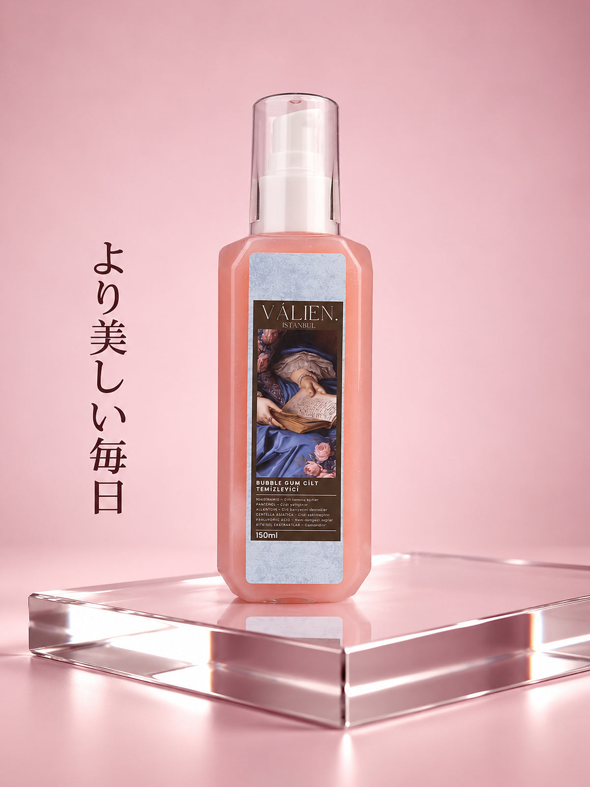 Valien Bubble Gum Yüz Temizleme Jeli (150 ml) — pompalı şişe, cam kaide üzerinde