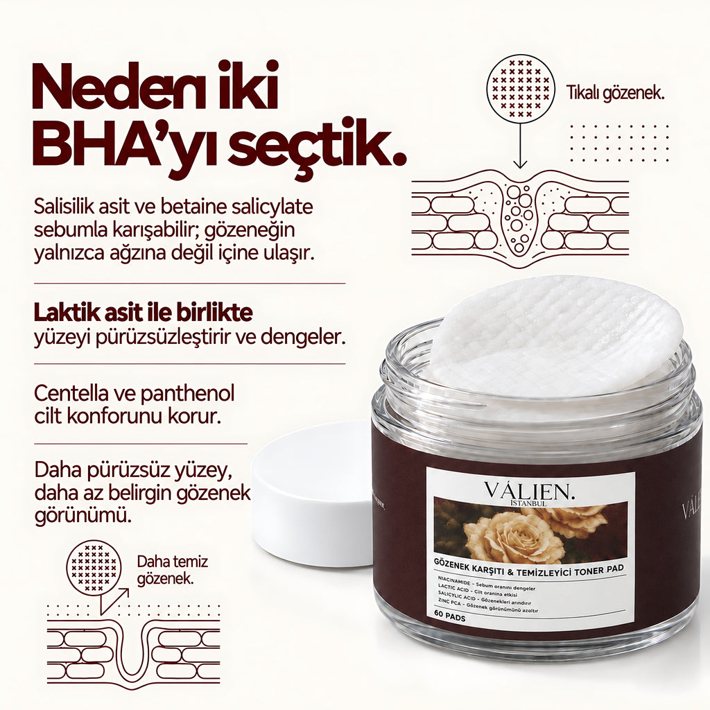 Valien Gözenek Karşıtı & Temizleyici Toner Pad (60 Adet) — bileşen seçim gerekçesi