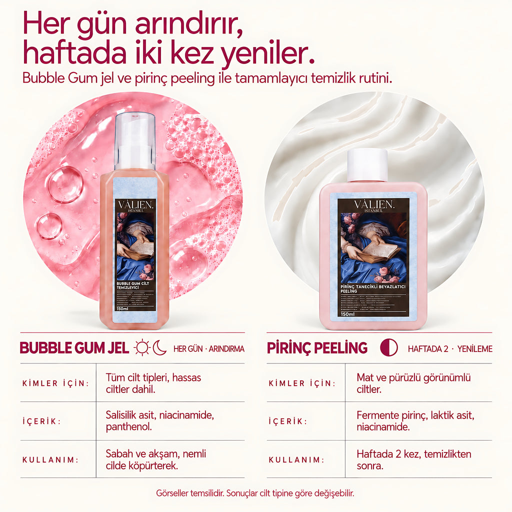 Valien Pirinç Tanecikli Yüz Peelingi (150 ml) — iki ürünlük rutin tablosu